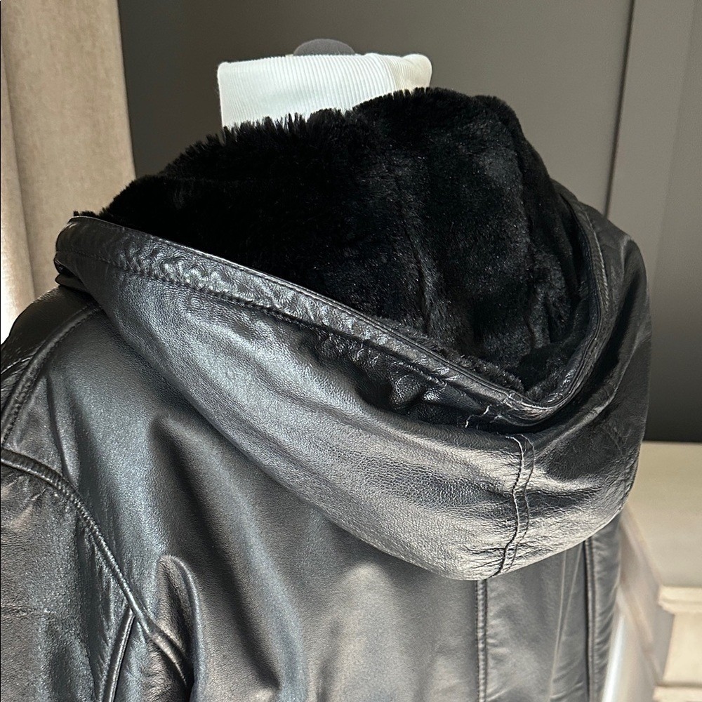 Wilsons Leather Hooded Jacket Womens Large Black Faux Fur Lined Belted Coat - Picture 11 of 13